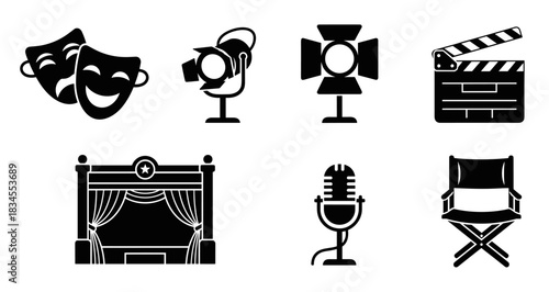 Collection of black glyph icons for filmmaking and theater featuring a clapperboard, director's chair, stage, microphone, spotlights, and comedy and tragedy masks