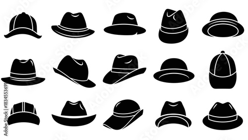 Collection of fifteen black hat icons showing various styles like fedora, bowler, and cap in a simple graphic silhouette design for classic menswear and accessory concepts