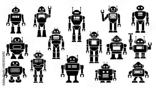 Diverse set of black robot character icons featuring various retro and futuristic android designs in a simple, flat graphic silhouette style for technology concepts
