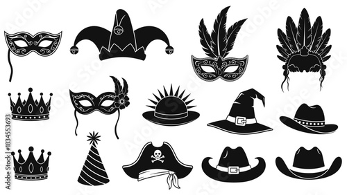 Collection of black silhouette carnival hats and masks including a jester, pirate, cowboy, and witch hat, along with royal crowns and feathered masquerade masks for a party