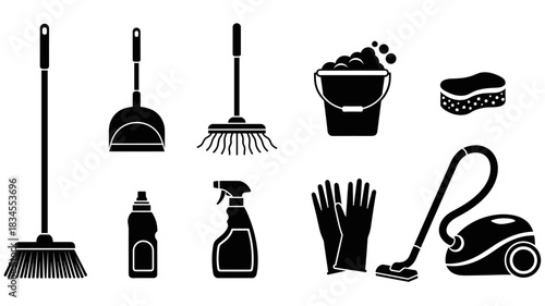 Collection of black cleaning supply icons including a broom, mop, vacuum cleaner, and bucket for housekeeping and sanitation concepts, presented as a simple graphic vector set