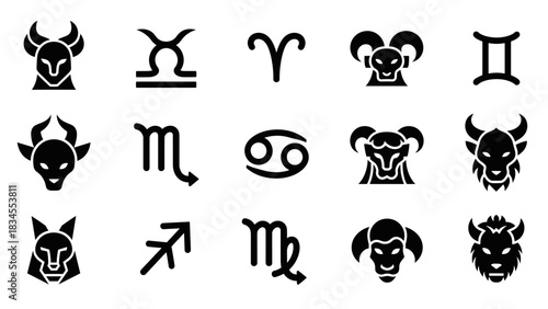 Black zodiac sign icon set with twelve astrology horoscope symbols including stylized animal heads and classic glyphs for spiritual and esoteric concepts in a clean vector illustration