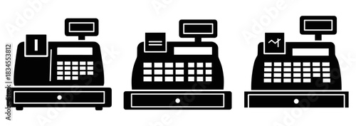 Three black cash register icon silhouettes in a row represent a minimalist set of symbols for retail, payment, and commercial business transactions