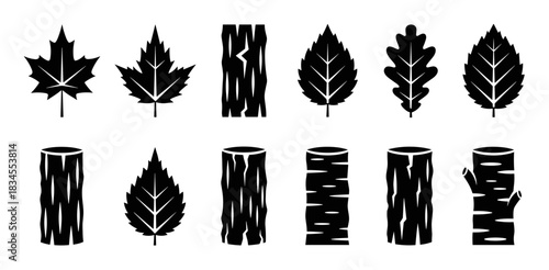 Black silhouette icons of tree leaves and logs showing various species like maple and oak with different bark textures in a minimalist graphic vector illustration set for nature concepts