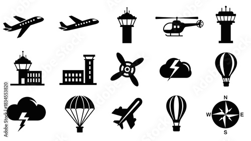 Collection of black air travel icons featuring an airplane, helicopter, airport control tower, propeller, parachute, hot air balloon, storm cloud, and compass symbol