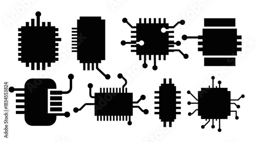 Collection of black microchip silhouettes and processor icons in a flat graphic style, representing various electronic components for digital technology and computer hardware concepts