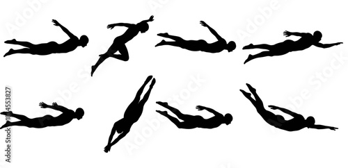 Collection of black swimmer silhouettes in various dynamic poses showing different swimming and diving techniques, presented in a minimalist graphic style for sports and athletic concepts