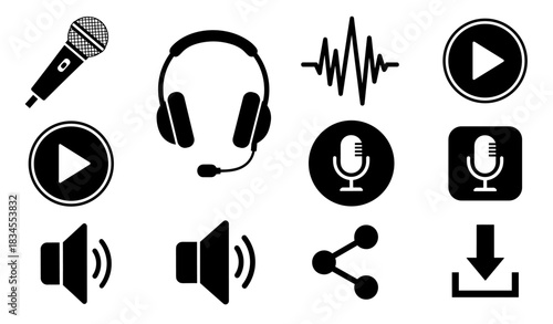 Set of black media player icons for audio and video content, including a microphone, headset, play button, sound wave, volume control, share, and download symbols in a flat vector style