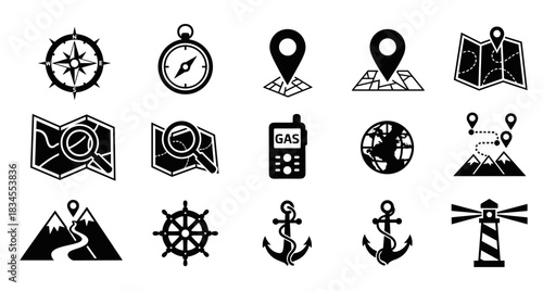Set of black navigation and travel icons including a compass, map, anchor, lighthouse, globe, and location pins for mapping and exploration concepts in a minimalist glyph style