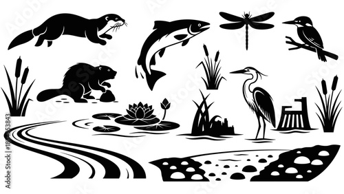 Collection of black river wildlife silhouettes including an otter, beaver, jumping fish, heron, and kingfisher in a bold graphic vector illustration style