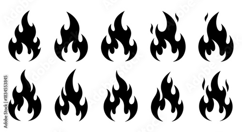 Ten black fire flame silhouette icons set with different shapes for graphic design elements, showing various burning bonfire and campfire symbols in a simple, flat vector style