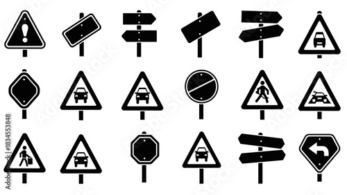 Large collection of black road signs and traffic symbols presented as flat vector icons, including warning triangles, directional arrows, and blank signposts for various concepts
