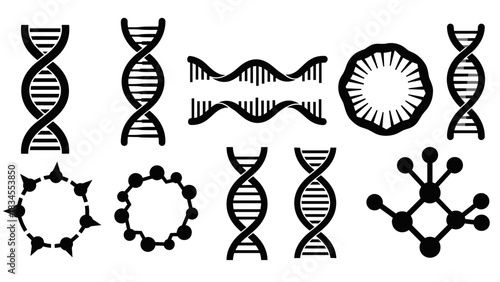 Collection of black DNA helix icons and molecular structures for science and biology concepts, featuring various genetic symbols in a clean, minimalist vector illustration style