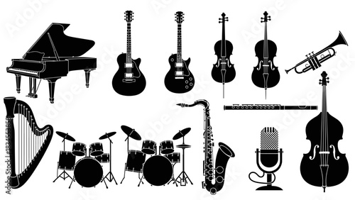 Large collection of black musical instrument silhouettes including a piano, guitar, drums, and saxophone in a graphic vector illustration style