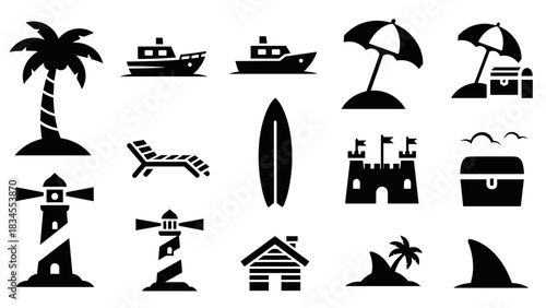 Collection of black summer vacation icons including a palm tree, ship, lighthouse, and surfboard in a flat minimalist graphic style for travel and leisure concepts