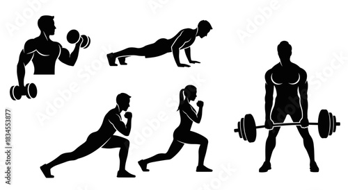 Collection of black athletic silhouettes depicting men and women working out, including exercises like dumbbell curls, pushups, lunges, and a barbell deadlift for strength training