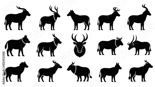 Collection of black wild animal silhouettes featuring various types of antelopes, gazelles, and deer with different horn shapes, presented as a set of flat vector icons