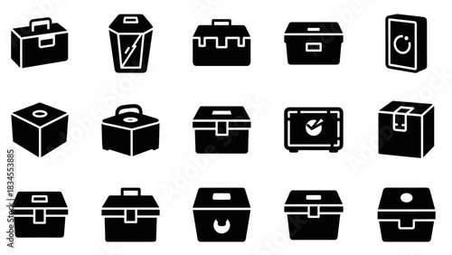 Collection of black glyph icons representing various boxes, cases, and containers, including toolboxes and briefcases, designed in a minimalist and modern vector style