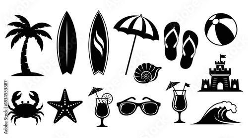 Collection of black summer vacation silhouette icons featuring a palm tree, surfboard, beach umbrella, sandcastle, crab, starfish, and tropical cocktail