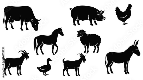 Black farm animal silhouettes in a vector icon set showing a cow, pig, horse, sheep, goat, donkey, chicken, and duck for livestock and agricultural design elements