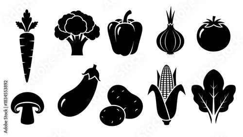 Set of ten black vegetable icons including a carrot, broccoli, bell pepper, onion, tomato, mushroom, eggplant, potato, corn, and spinach in a simple graphic silhouette style