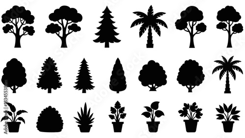 Large collection of black tree and plant silhouettes including various species like pine, palm, and potted houseplants, presented as a set of graphic icons for design