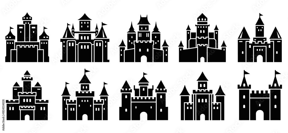 Naklejka premium Set of ten black medieval castle icons with various tower and battlement designs, presented as simple flat silhouettes for a fantasy, kingdom, or fairytale concept