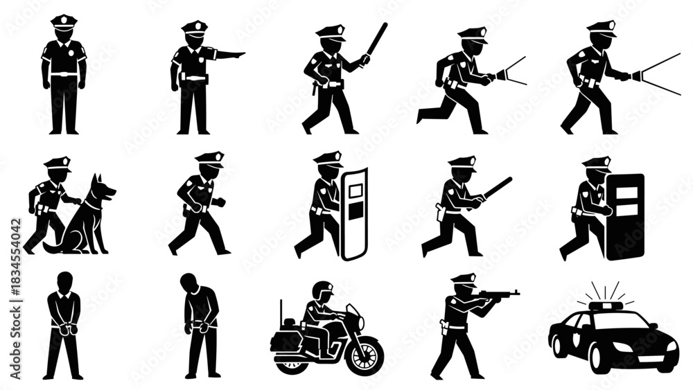 Fototapeta premium Black police officer and law enforcement icon set showing various actions and equipment like a patrol car, motorcycle, riot shield, baton, K9 dog, and a criminal in handcuffs