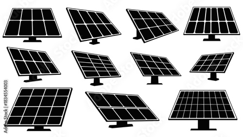 Collection of black solar panel silhouettes shown from various angles and perspectives, representing renewable green energy technology and sustainable power generation