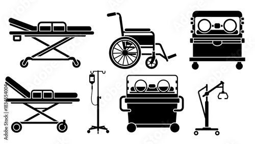 Set of black medical equipment icons showing a stretcher, wheelchair, infant incubator, IV stand, and a patient lift for hospital and healthcare concepts