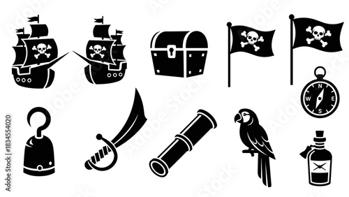 Set of black pirate silhouette icons featuring a ship, Jolly Roger flag, treasure chest, cutlass, hook, spyglass, parrot, and compass in a clean graphic vector style