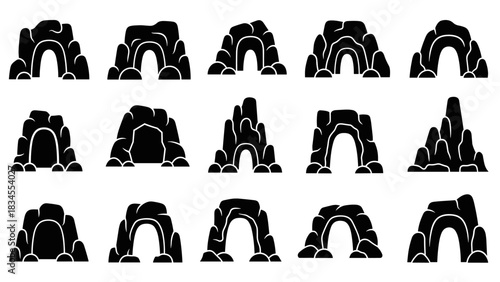 Set of various cave entrance silhouettes made of stone and rock, showing different arch shapes and formations in a minimalist black graphic icon style for exploration themes