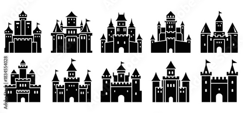 Set of ten black medieval castle icons with various tower and battlement designs, presented as simple flat silhouettes for a fantasy, kingdom, or fairytale concept