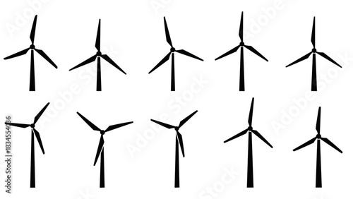 Collection of ten black wind turbine silhouettes in a minimalist graphic icon set symbolizing renewable energy, sustainability, and clean power generation