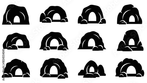 Set of twelve black cave icons with arched entrances, presented in a minimalist silhouette style for graphic design, showing various simple rock formations and grotto shapes