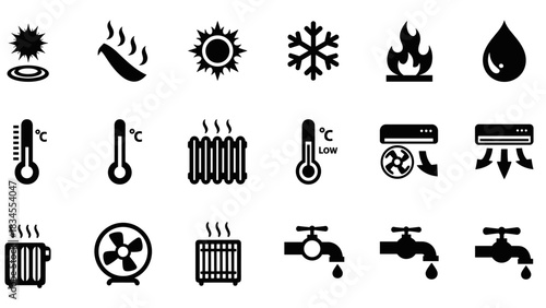 Collection of black heating and cooling icons for climate control, including symbols for temperature, sun, snowflake, fire, water, fan, radiator, and air conditioner