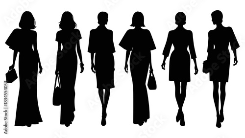 Six black silhouettes of fashionable women walking and posing in elegant dresses and gowns with handbags, representing a stylish and modern graphic design collection for beauty concepts