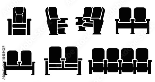 Black cinema theater seat icon collection showing single chairs, pairs, and rows from various front, side, and perspective angles in a simple graphic style for entertainment concepts