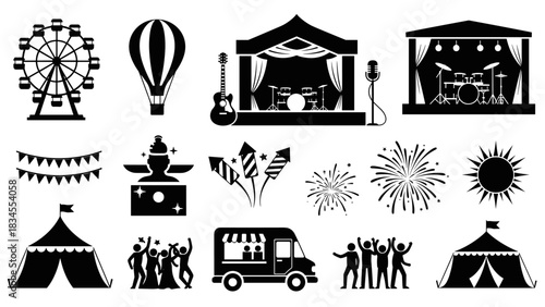 Set of black silhouette icons for a music festival or summer fair including a concert stage, ferris wheel, food truck, fireworks, hot air balloon, and celebrating people