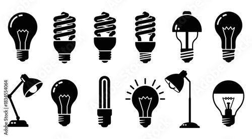 Set of black light bulb icons and desk lamps in a minimalist silhouette style, featuring various shapes like incandescent, fluorescent, and LED for energy and idea concepts