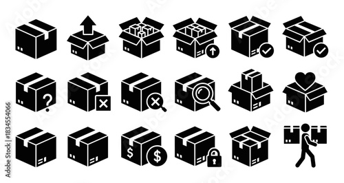 Black solid glyph icon collection showing cardboard boxes for shipping, logistics, and e-commerce, including symbols for delivery, return, tracking, and secure packaging