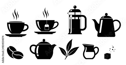 Set of black vector icons for coffee and tea preparation featuring a steaming cup, teapot, french press, beans, leaves, sugar, and creamer in a minimalist graphic style