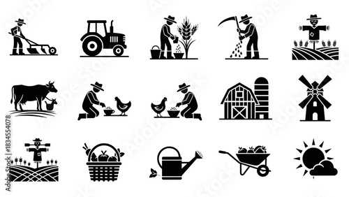 Set of black farming and agriculture icons depicting rural life with a farmer, tractor, barn, windmill, cow, chicken, and various tools for planting, harvesting, and gardening