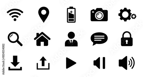 Set of fifteen black solid glyph icons for web and mobile user interface design, including common symbols for home, search, settings, location, and media controls