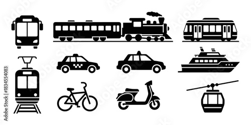 Collection of black transportation vehicle icons in a minimalist flat style, featuring a bus, train, car, taxi, ship, bicycle, scooter, tram, and cable car for public transit concepts