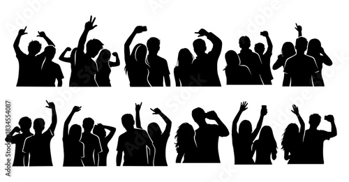 Black silhouettes of a cheering party crowd dancing and raising hands with phones at a music festival or concert celebration, a vector illustration set of energetic fans