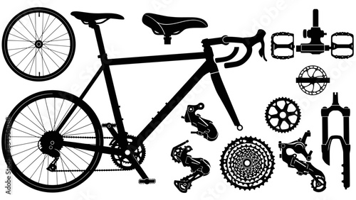 Black silhouette collection of bicycle parts and a complete bike shown in a deconstructed view with individual components like wheels, saddle, pedals, fork, and cassette