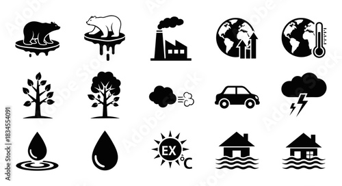 Collection of black silhouette icons representing climate change, global warming, pollution, and environmental disasters like melting ice, factory emissions, and flooding