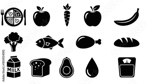 Set of black food icons representing healthy eating, nutrition, and diet, featuring various food groups like fruit, vegetables, protein, and dairy for a balanced meal concept