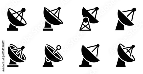 Set of black satellite dish icons in various designs, representing communication, broadcasting, and technology, presented as a collection of simple, flat vector glyphs and pictograms